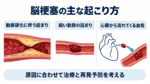 脳梗塞の主な起こり方を整理した図。