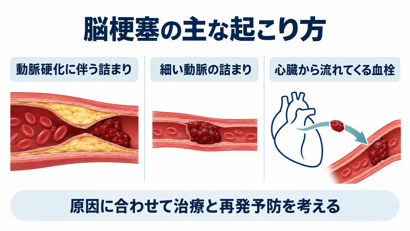脳梗塞の主な起こり方を整理した図。