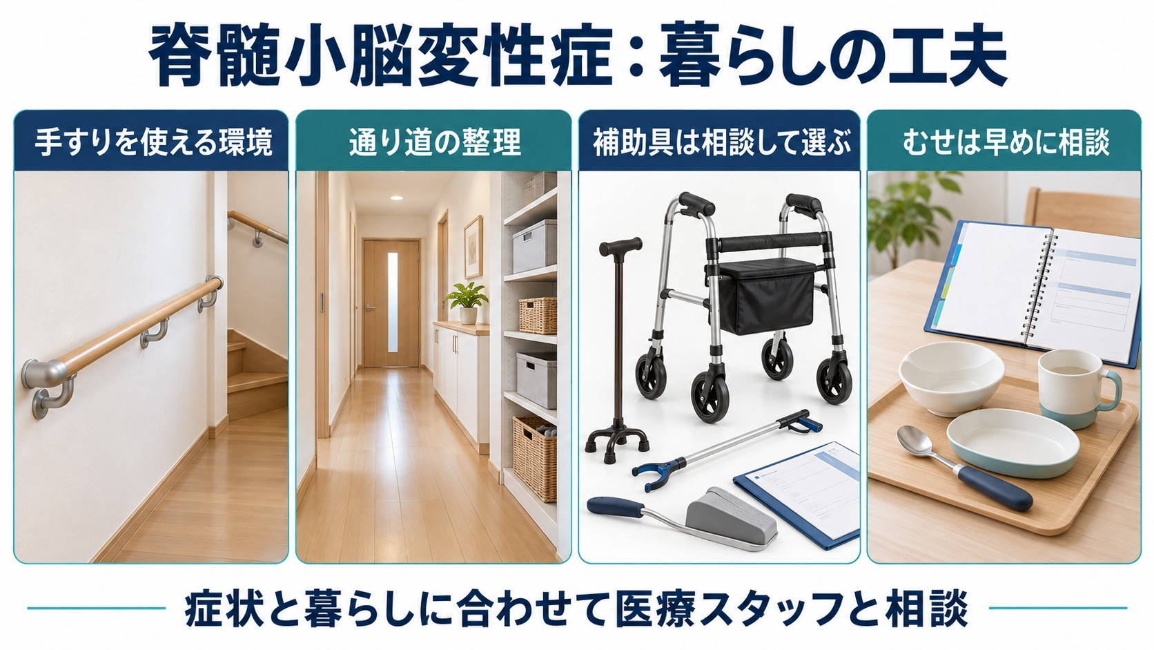 脊髄小脳変性症:暮らしの工夫を整理した図。