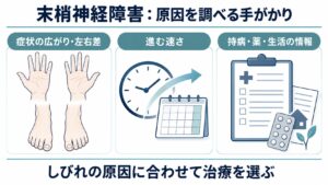 末梢神経障害：原因を調べる手がかりを整理した図。