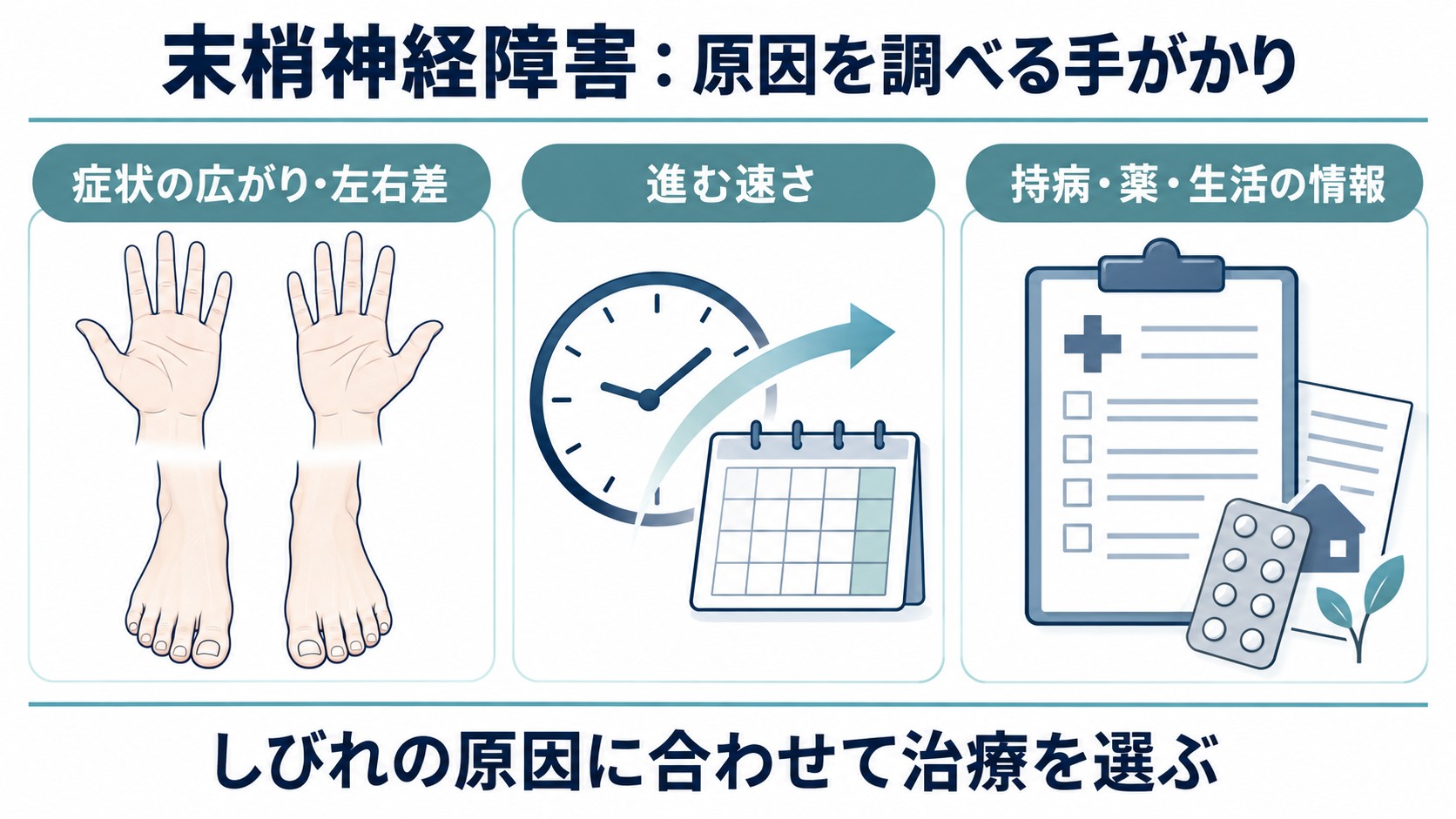 末梢神経障害:原因を調べる手がかりを整理した図。