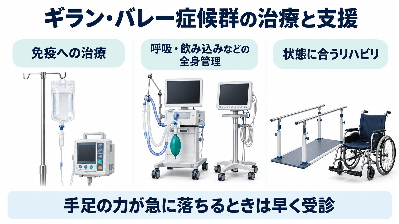 ギラン・バレー症候群の治療と支援を整理した図。