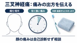 三叉神経痛：痛みの出方を伝えるを整理した図。