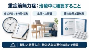 重症筋無力症：治療中に確認することを整理した図。