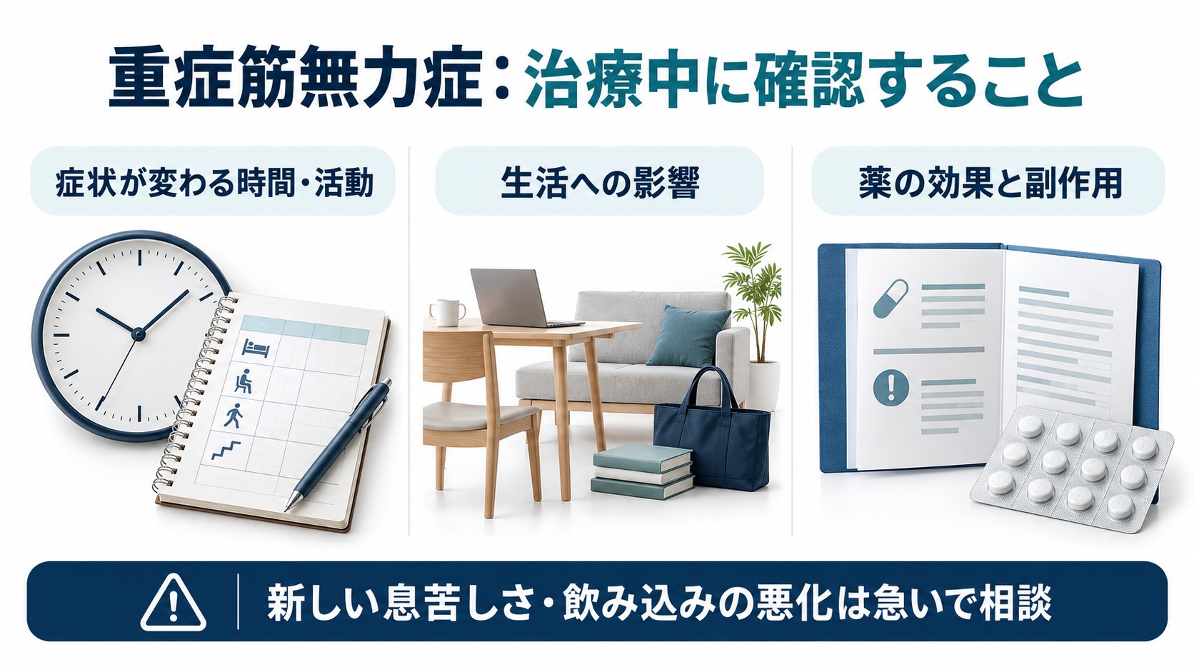 重症筋無力症:治療中に確認することを整理した図。