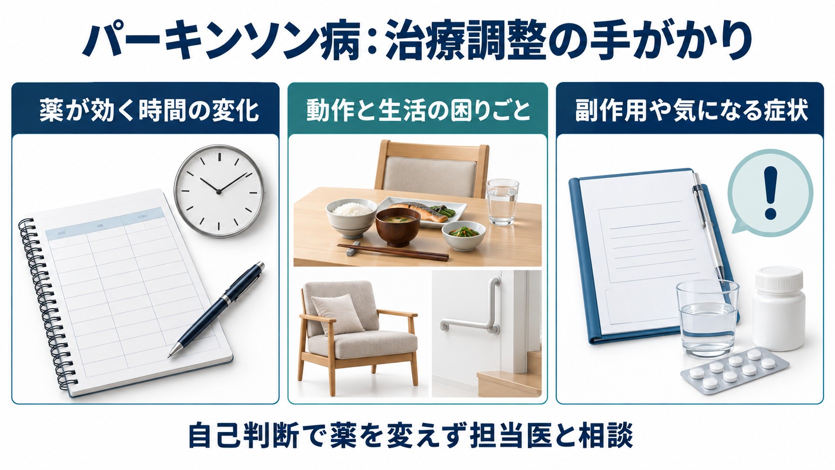 パーキンソン病:治療調整の手がかりを整理した図。