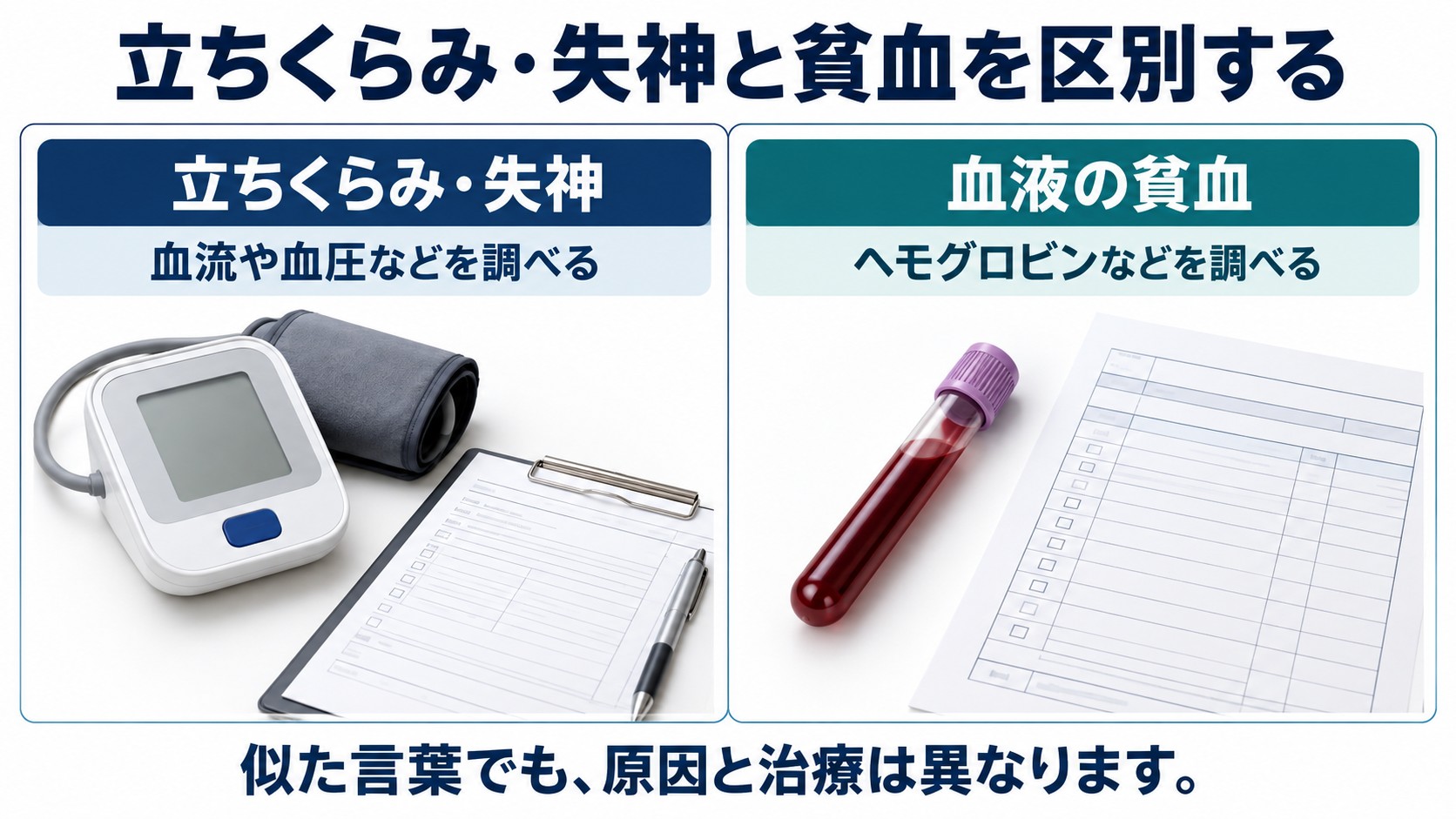 立ちくらみ・失神と貧血を区別するを整理した図。