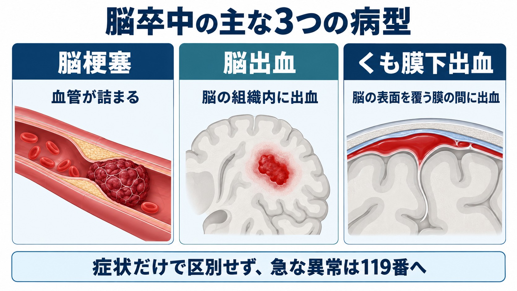 脳卒中の主な3つの病型を整理した図。