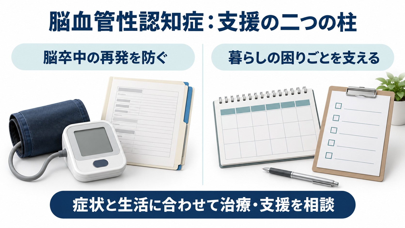 脳血管性認知症：支援の二つの柱を整理した図。