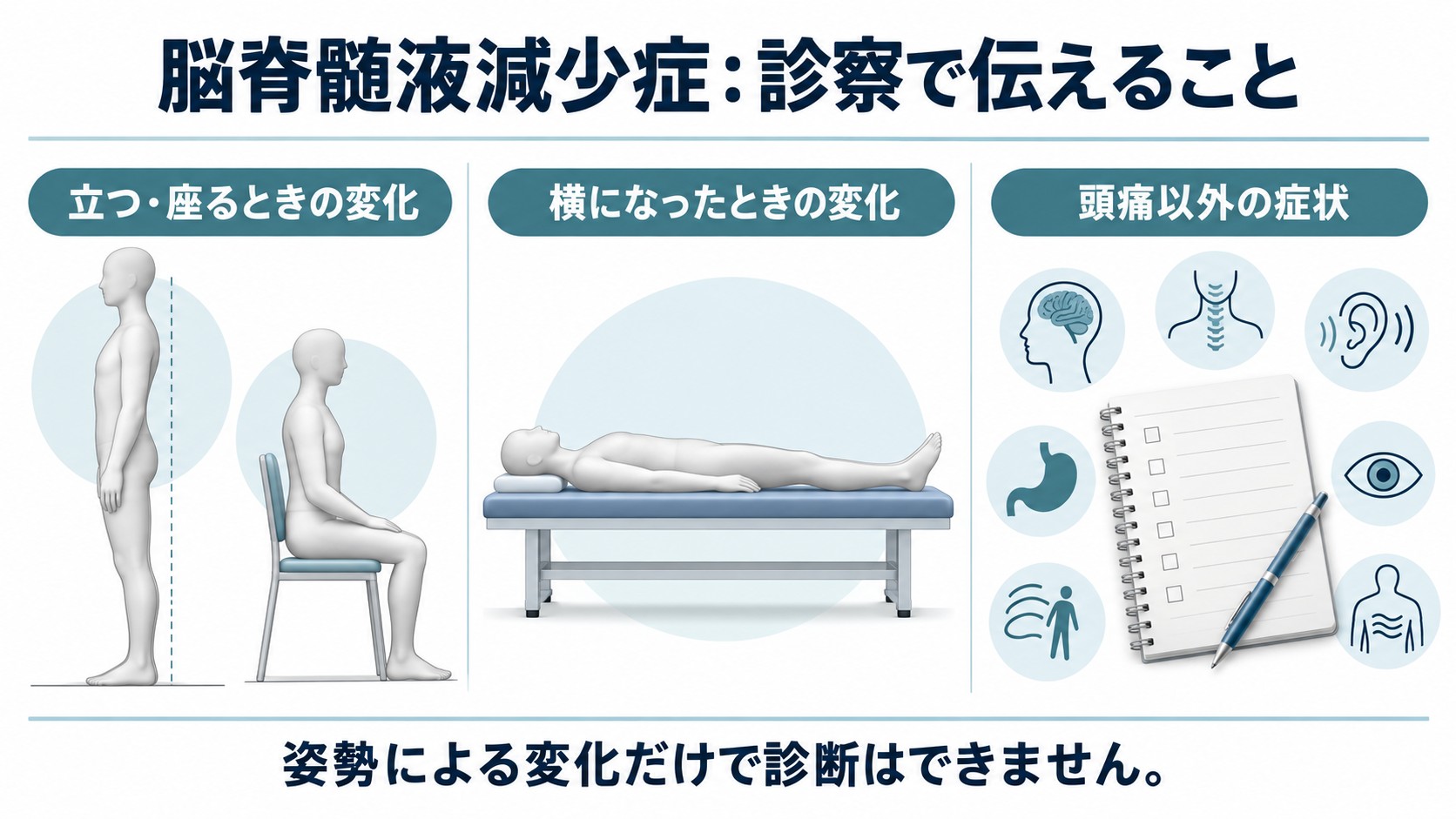 脳脊髄液減少症：診察で伝えることを整理した図。