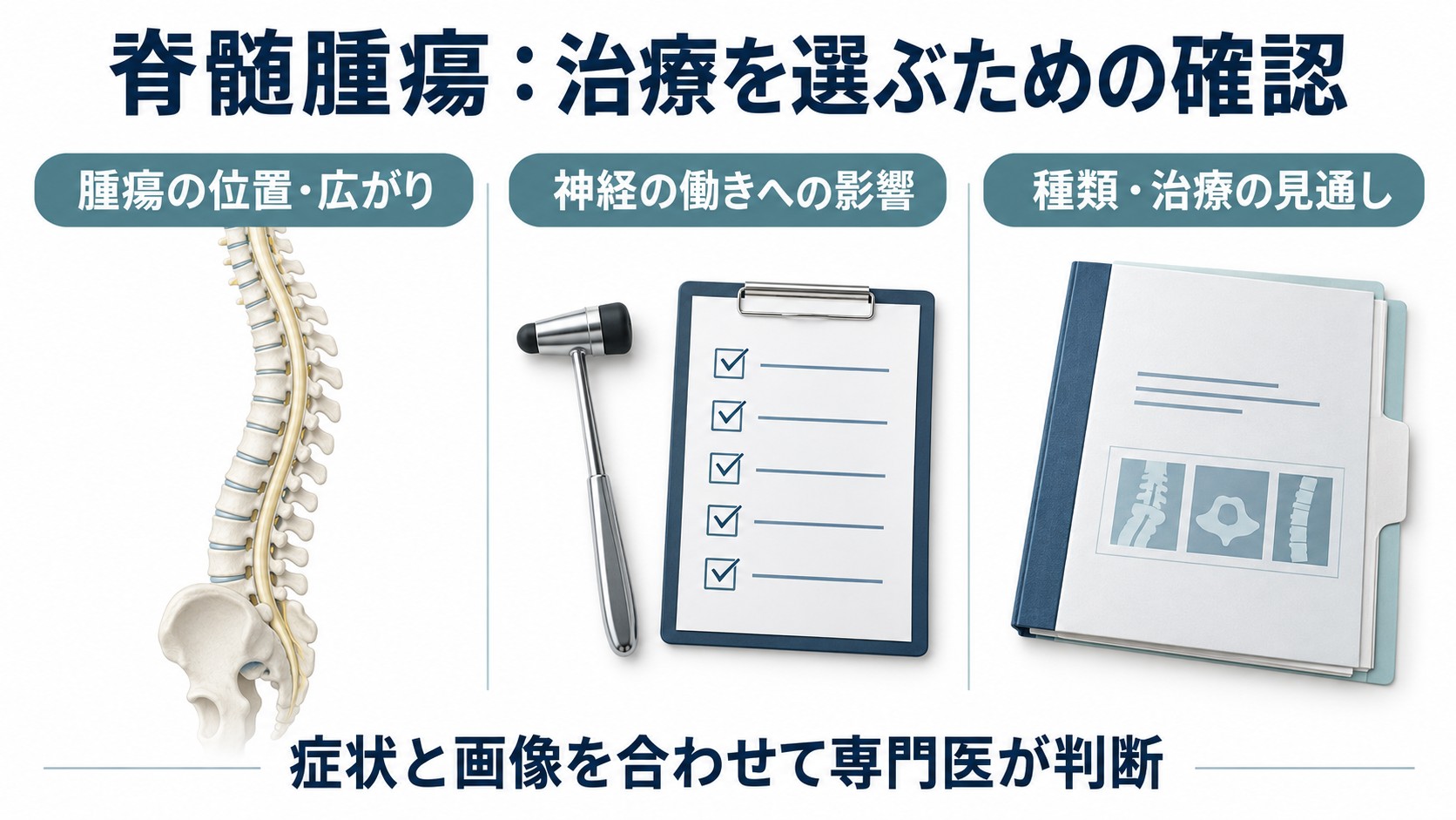 脊髄腫瘍:治療を選ぶための確認を整理した図。