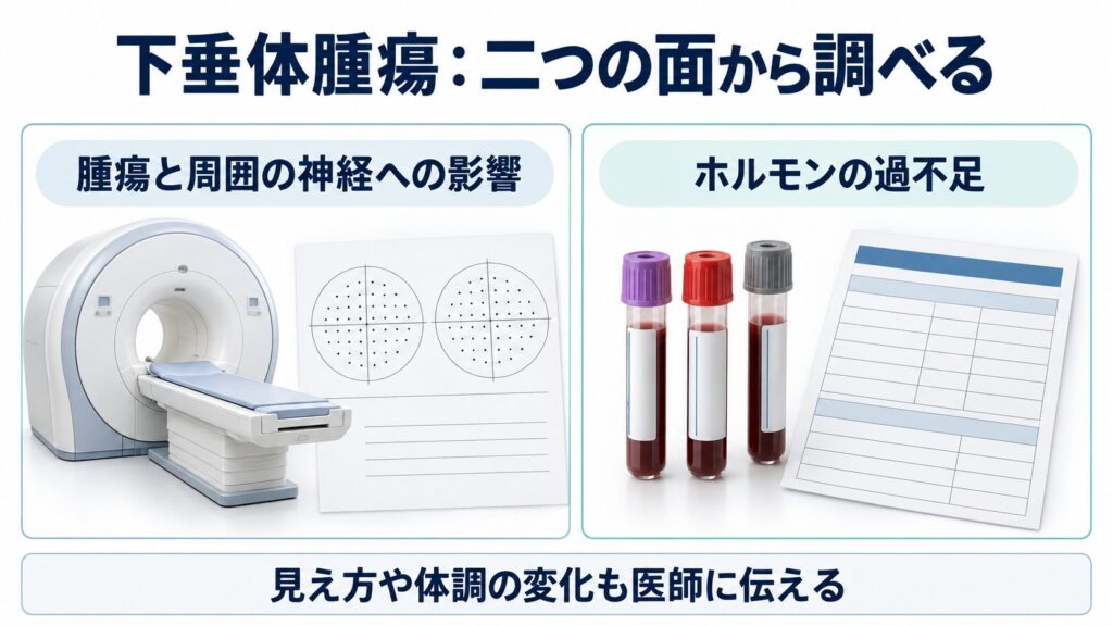 下垂体腫瘍：二つの面から調べるを整理した図。
