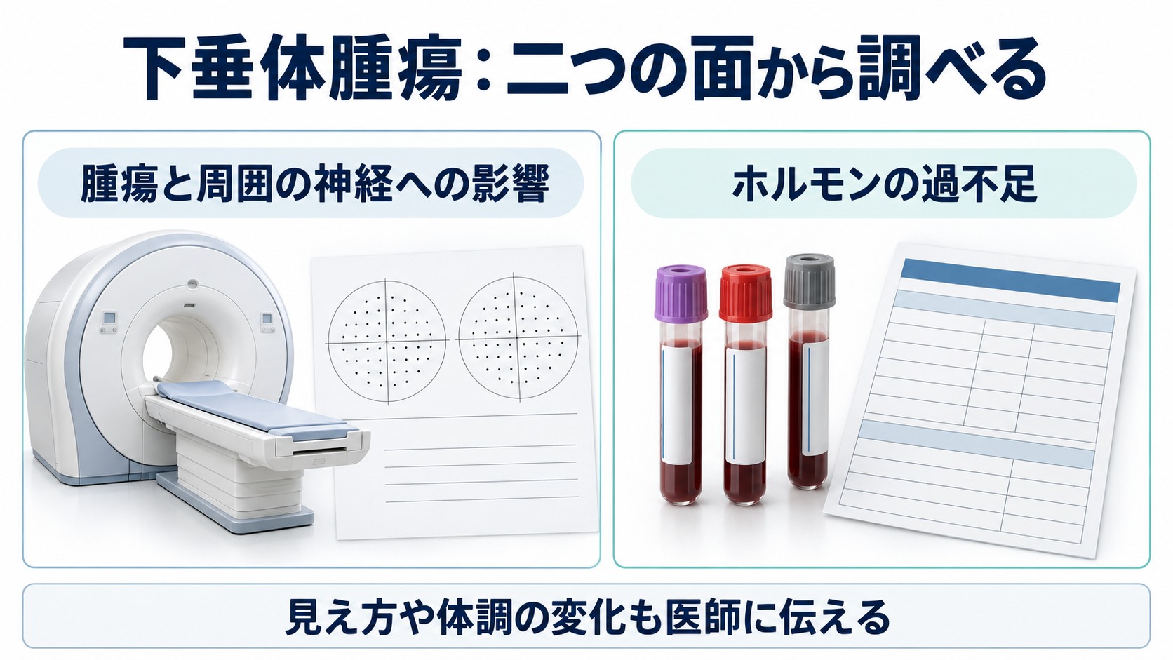 下垂体腫瘍:二つの面から調べるを整理した図。