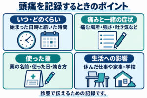 頭痛の日時と持続時間、痛みと随伴症状、使った薬、生活への影響を記録する4項目の図。