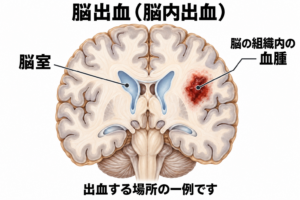 脳の断面で、脳室の外側の脳組織内にある血腫を示した模式図。