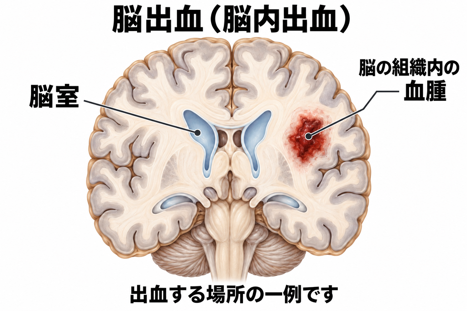 脳の断面で、脳室の外側の脳組織内にある血腫を示した模式図。