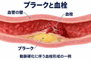 血管壁のプラークと、その表面に付着した血栓を区別した模式図。